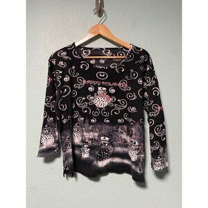 Vintage Jane Ashley Women's Happy Holidays Black and White Blouse Top‎ 1x